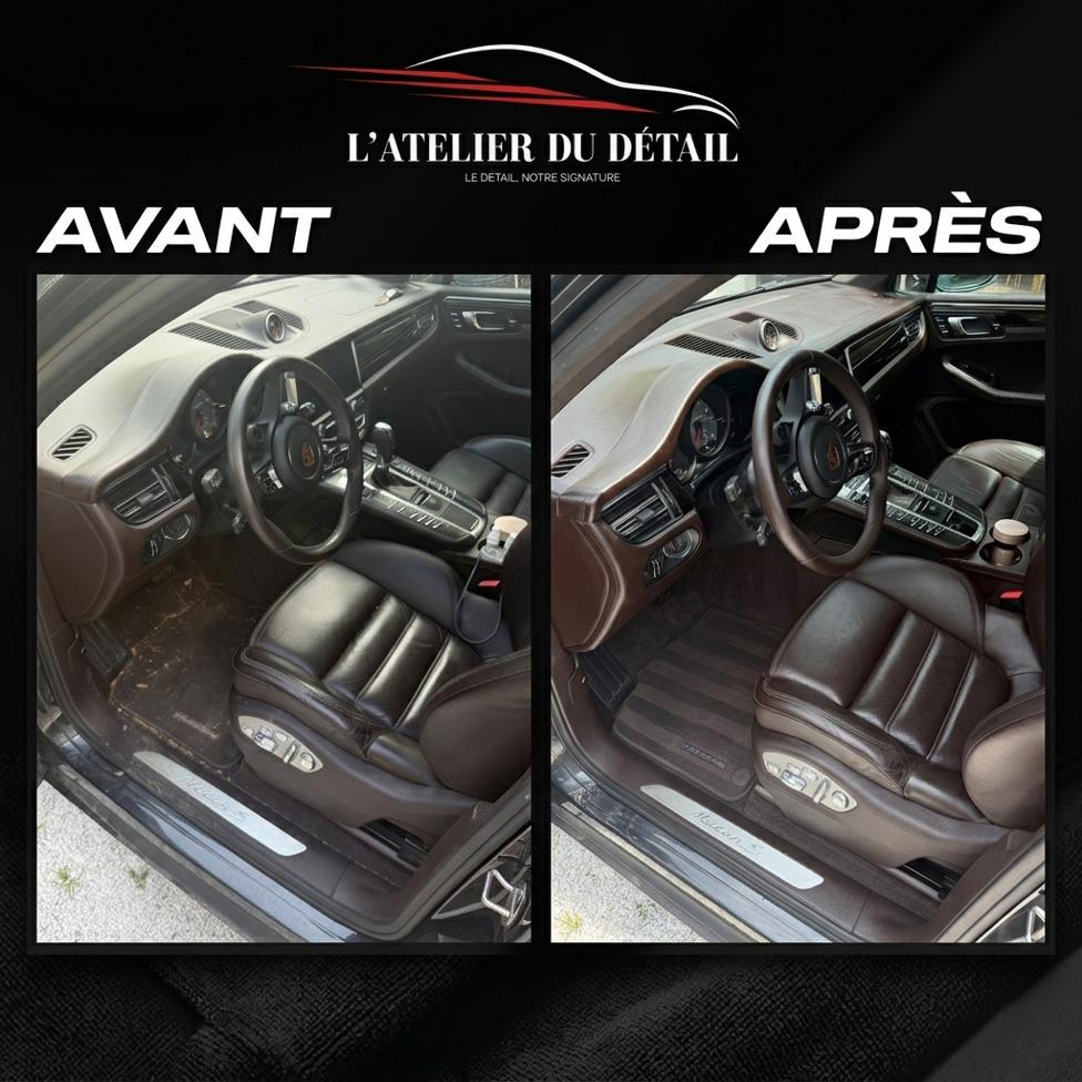 Avant / après d'une prestation Habitacle Pro+ sur un Porsche Macan S : à gauche, moquette et plancher fortement encrassés ; à droite, le même habitacle nettoyé en profondeur, cuir et textiles ravivés.