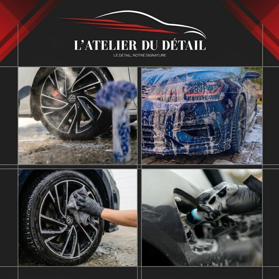 Quatre étapes d'une prestation Extérieur Pro+ : rinçage d'une jante au jet, carrosserie recouverte de mousse active, jante essuyée à la microfibre et traitement de la peinture au polish.