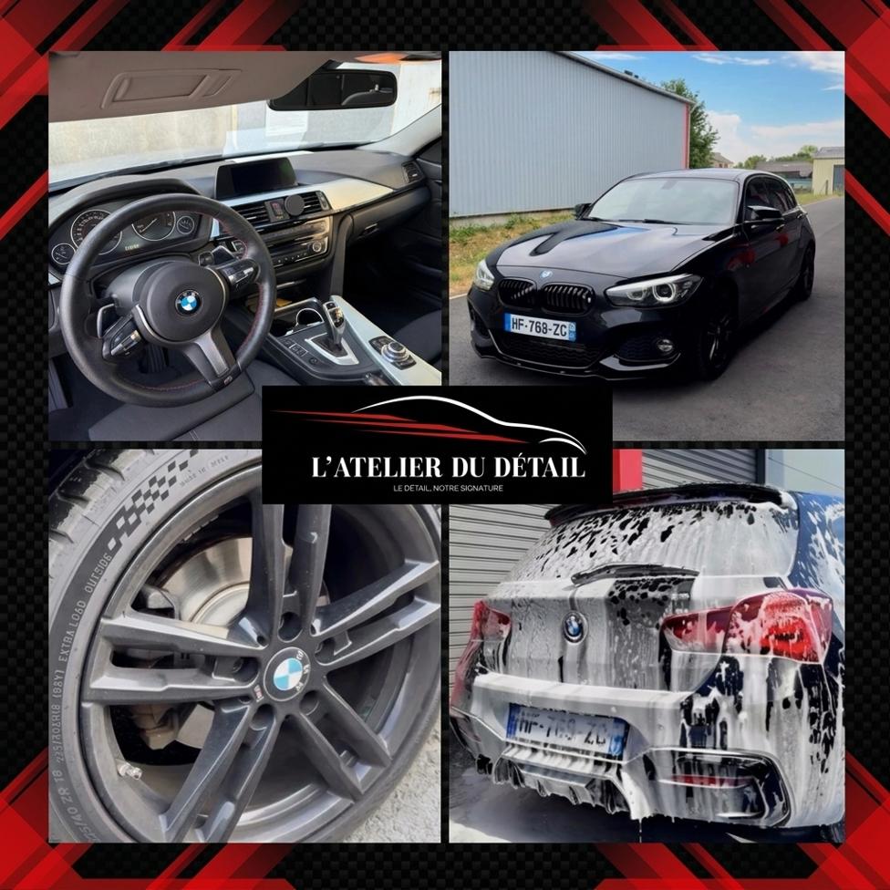 Prestation Intérieur / Extérieur Pro+ sur une BMW Série 1 noire : habitacle et tableau de bord nettoyés, carrosserie lavée et brillante, jante détaillée et arrivée recouverte de mousse active.